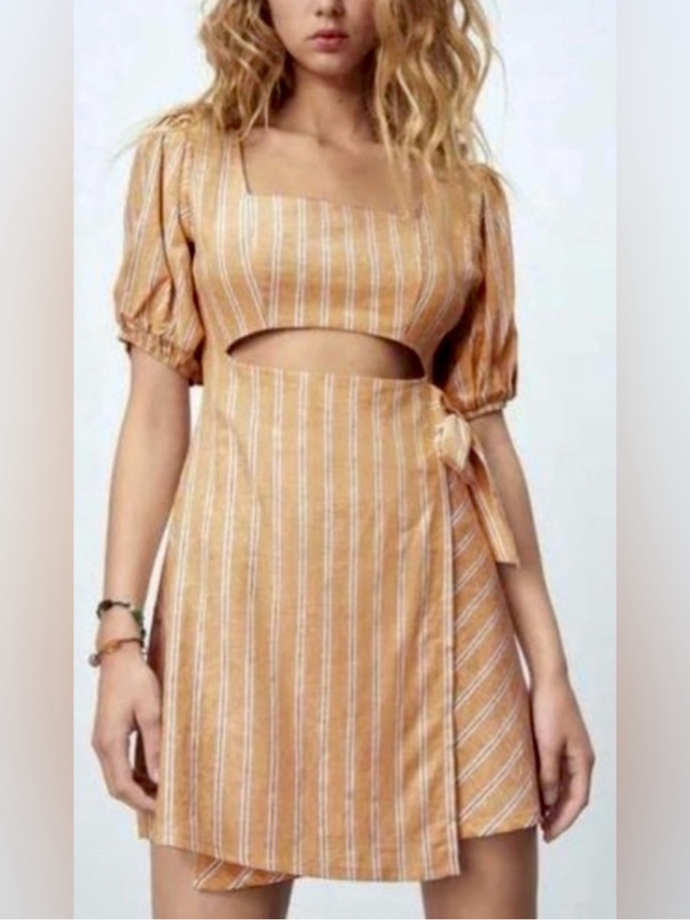 Zara Tan Striped Linen Cutout Wrap Mini Dress